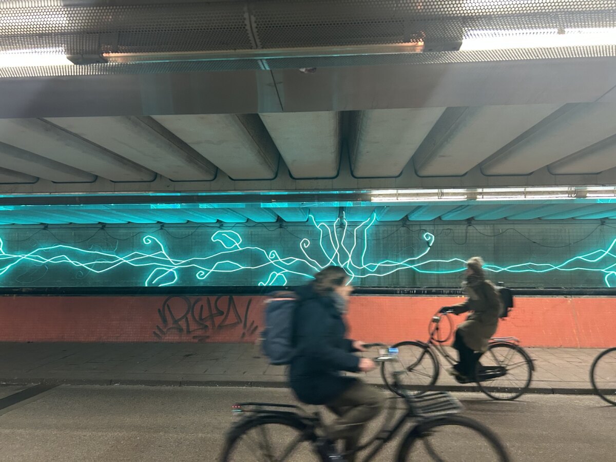Overgrown is een interactieve lichtinstallatie waarin de ranken van een enorme, verlichte klimplant de muren van de drukke Van Sijpesteijntunnel begroeien. Foto: Jim Terlingen
