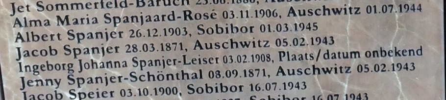 De namen van Albert Spanjer en Ingeborg Spanjer-Leiser op het Utrechtse Joods monument. Jacob Spanjer en Jenny Spanjer-Schönthal, de ouders van Albert, die ook woonden op Mauritsstraat 44, zijn wel omgekomen in de oorlog.