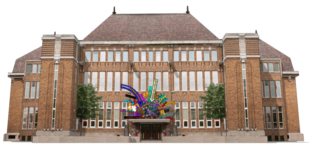 Afbeelding uit het 'Lichtplan kunstwerk bibliotheek Neude’ van Maarten Baas. 