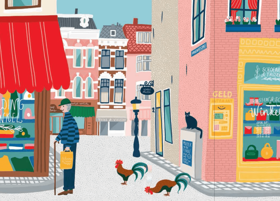 Het Hanengeschrei en de Vismarkt in het boek 'Nog meer Utrecht'. Illustratie: Ellen de Bruijn