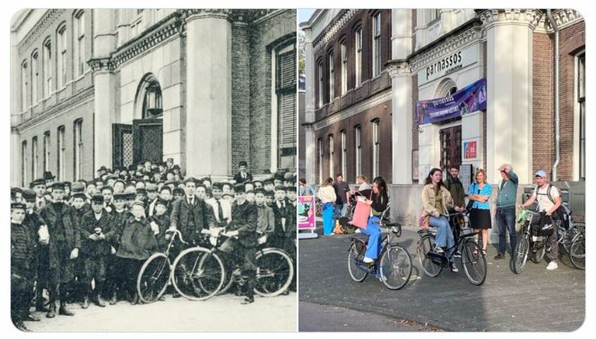 De HBS aan de Kruisstraat , nu cultuurcentrum Parnassos, gefotografeerd in 1900 en door Edwin Lucas in 2023.