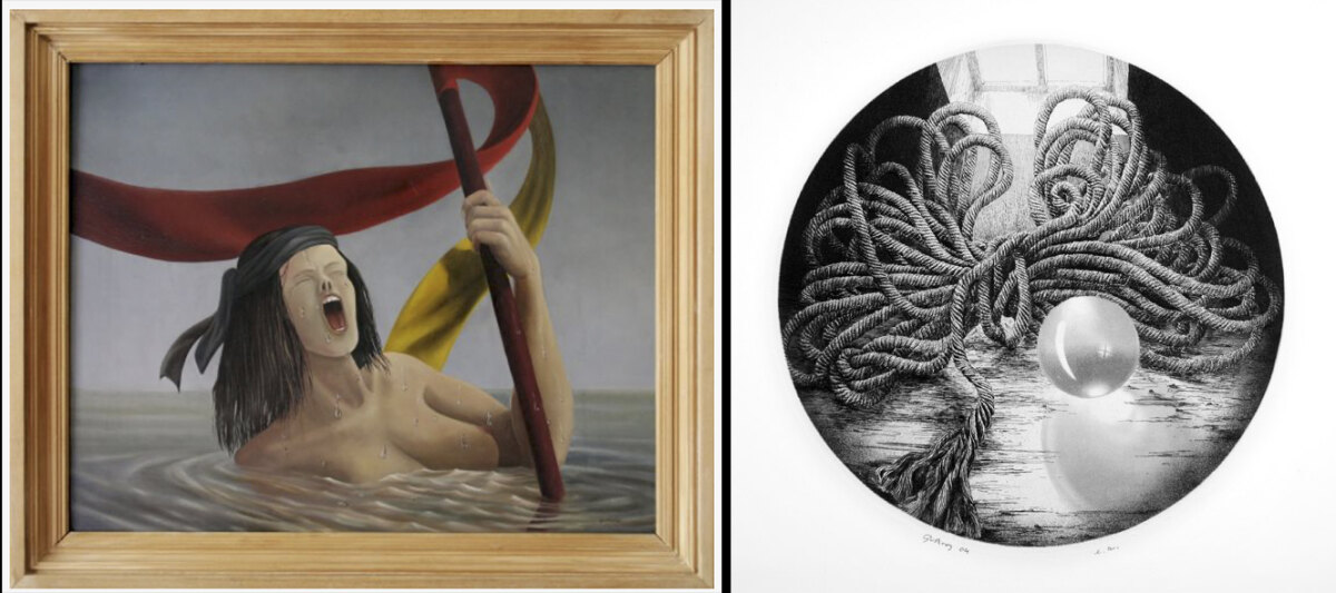 Links 'De Kreet' (1976) van Nol Manten en rechts 'Touw' (2003) van Gerard van Rooy