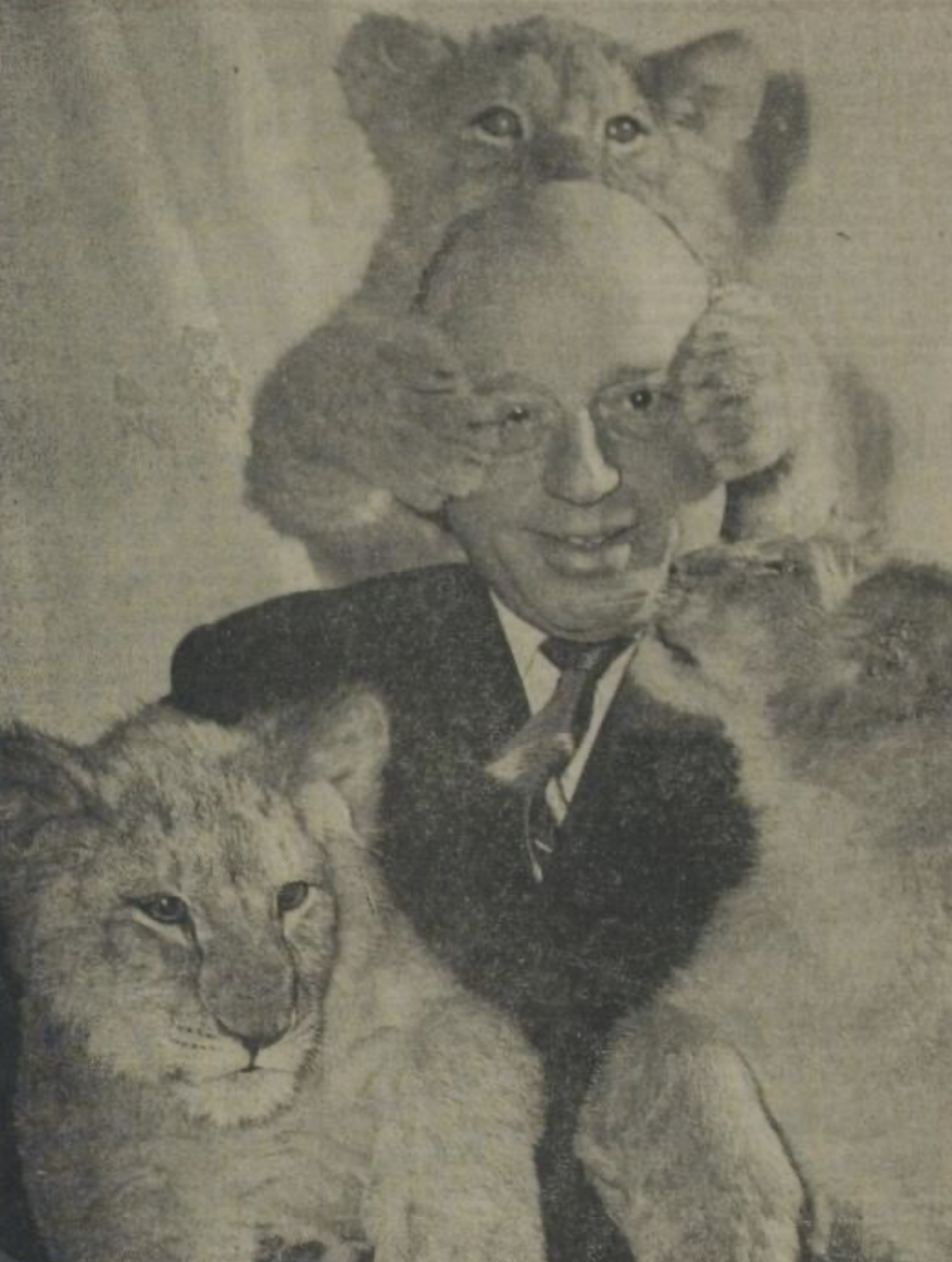 Max Herschel met drie leeuwtjes (Nieuwe Leidsche Courant, 21-5-1960)