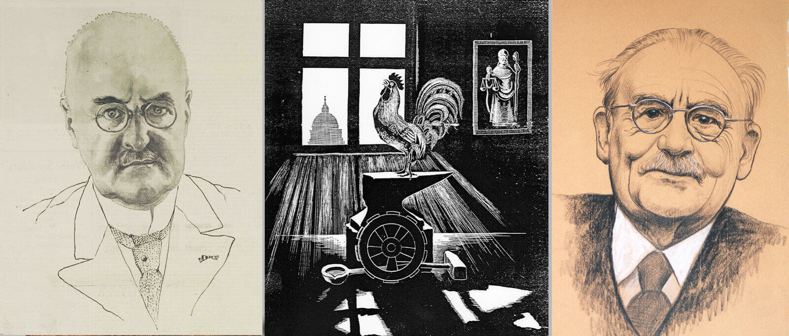 Burgemeester Fockema Andrea (1933), illustratie voor Sint Eloy (1938) en Willem Drees (onbekend). Tekeningen: Jul. Terlingen