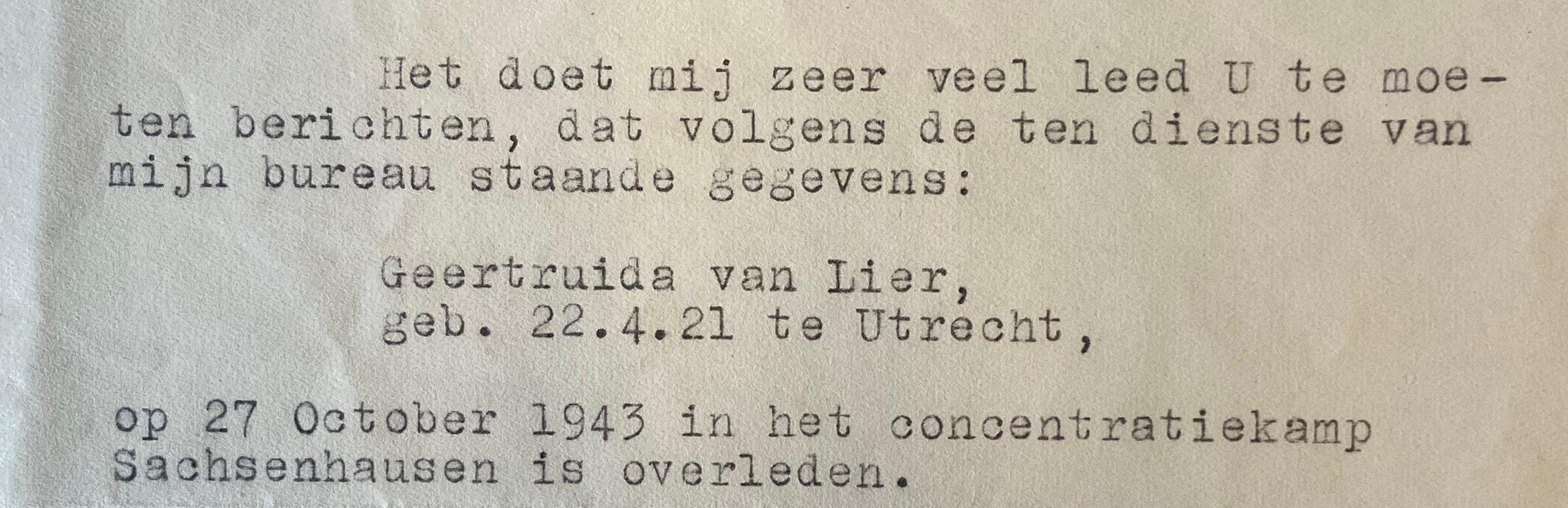 Enkele zinnen uit de brief die het Rode Kruis in juni 1946 stuurde aan Truus' vader, HUA.