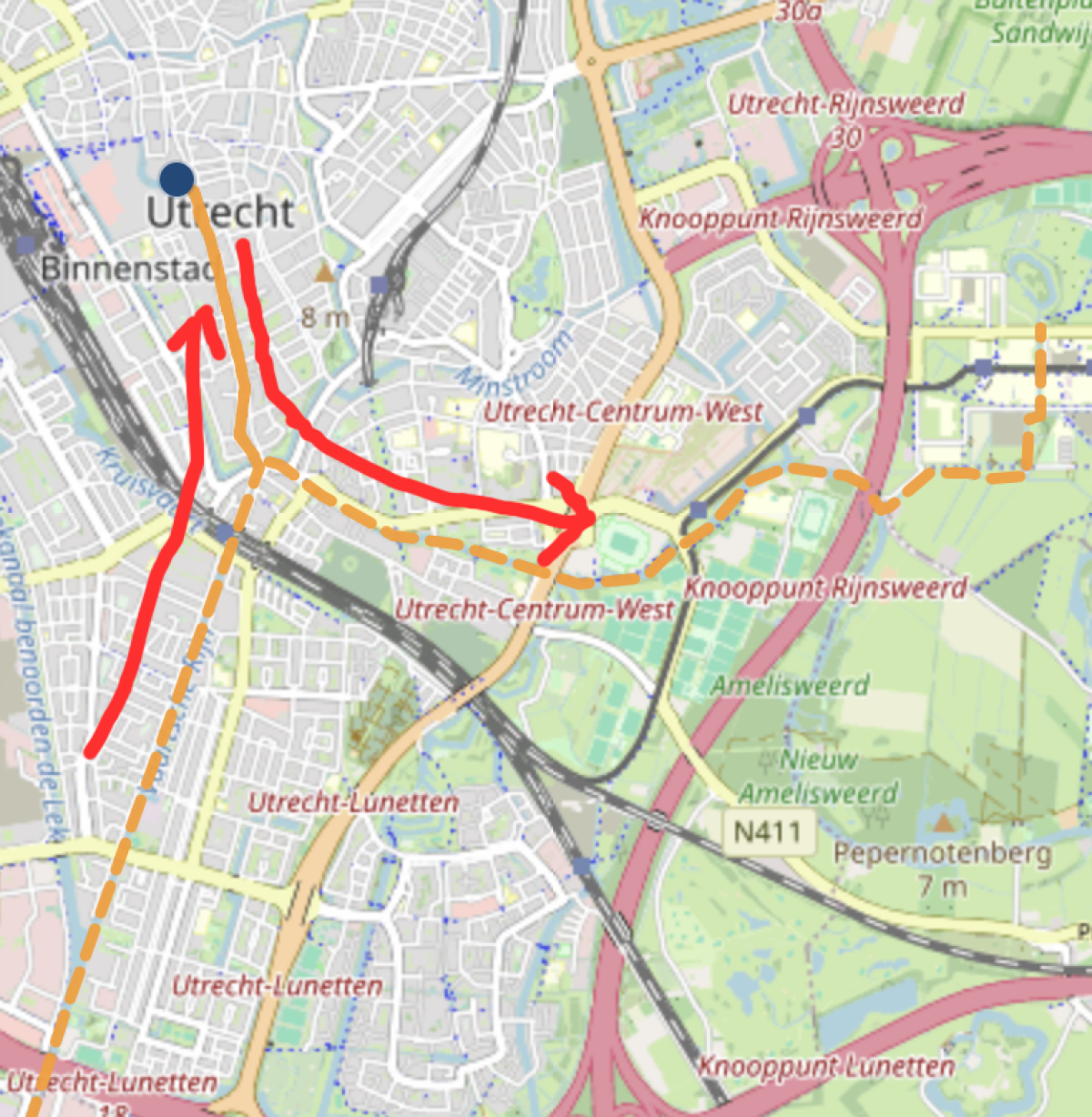 De oranje lijn is zaterdagmiddag de zwemroute van Van der Weijden