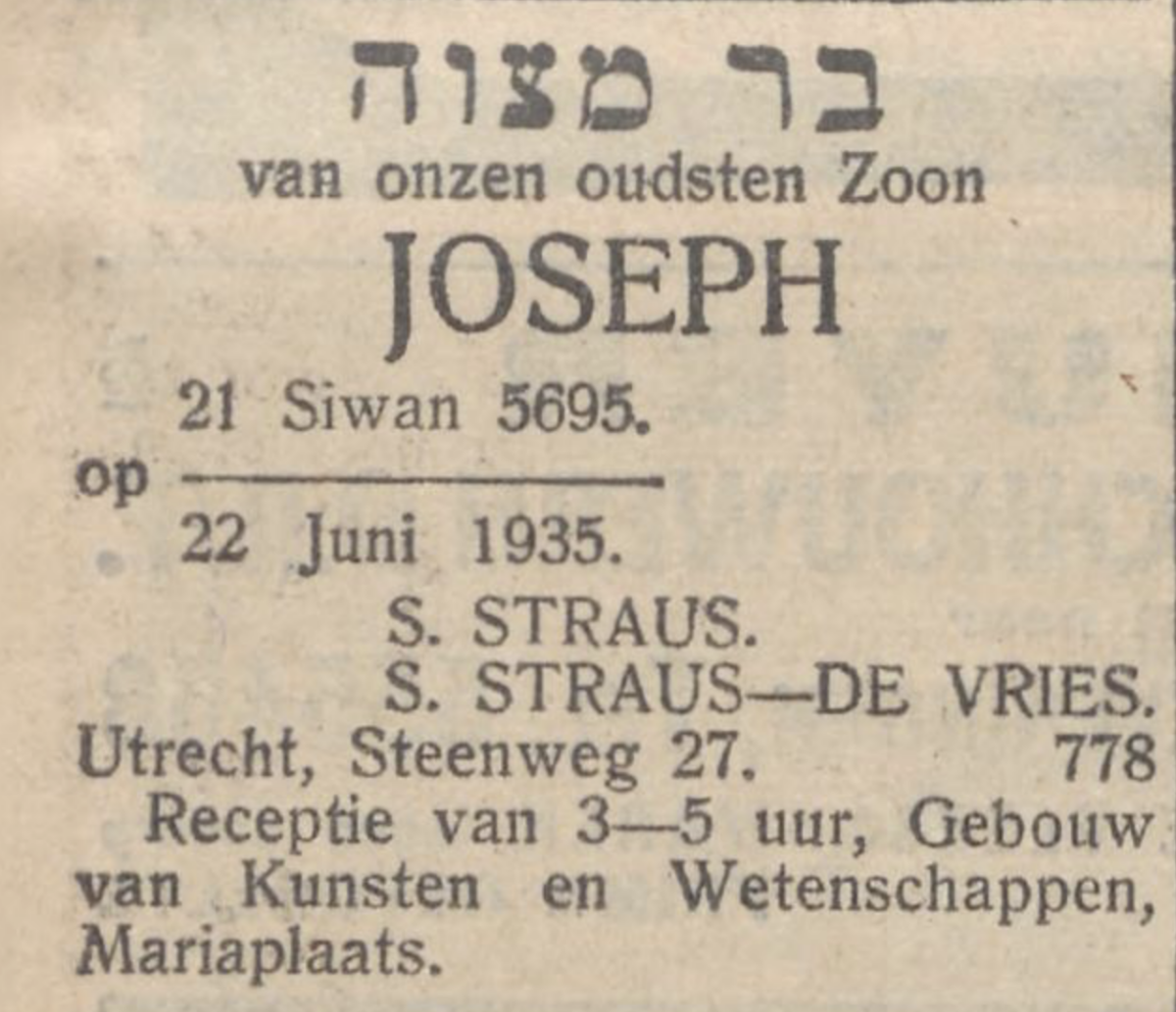 In 1935 werd Joop (Joseph) op zijn 13e bar mitswa ('zoon van het gebod'), NIW
