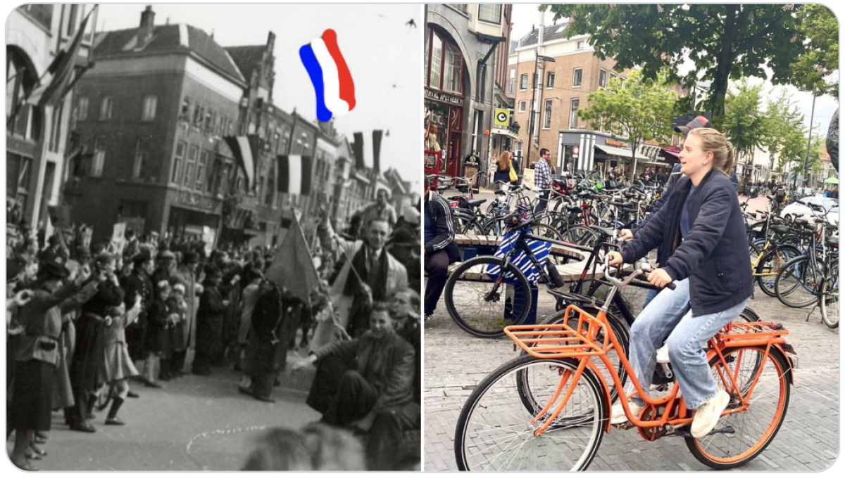 De Voorstraat, gefotografeerd op 7 mei 1945 en door Edwin Lucas op 5 mei 2026. 