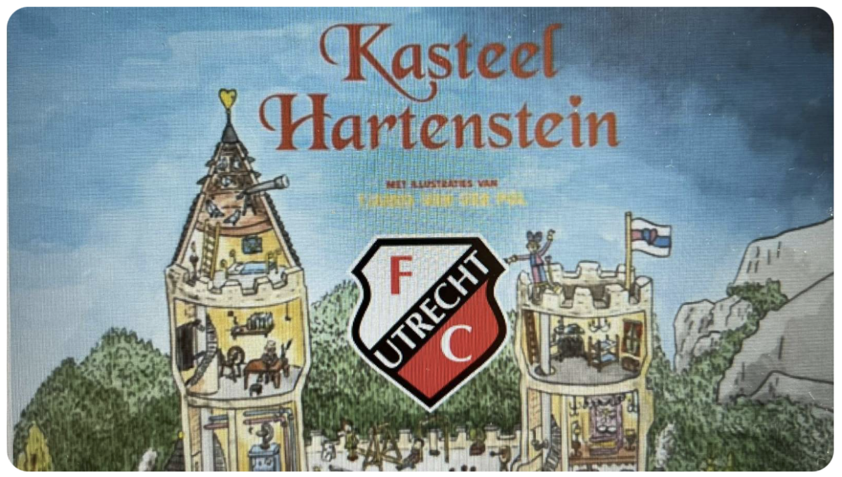Het beeldmerk van de sponsorloop: het boek ‘Kasteel Hartenstein’ in combinatie met het logo van de FC