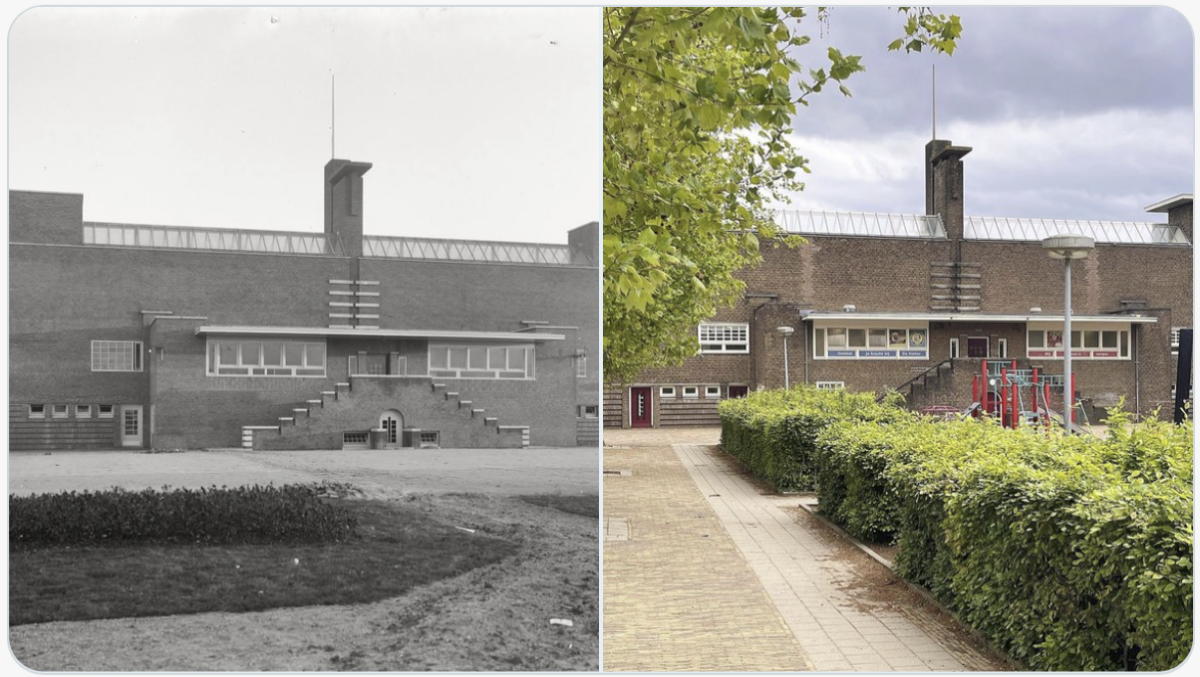 De voormalige Groenteveiling aan het Heycopplein, nu kinderdagverblijf en sportcentrum - gefotografeerd in 1928 en door Edwin Lucas in 2026. 