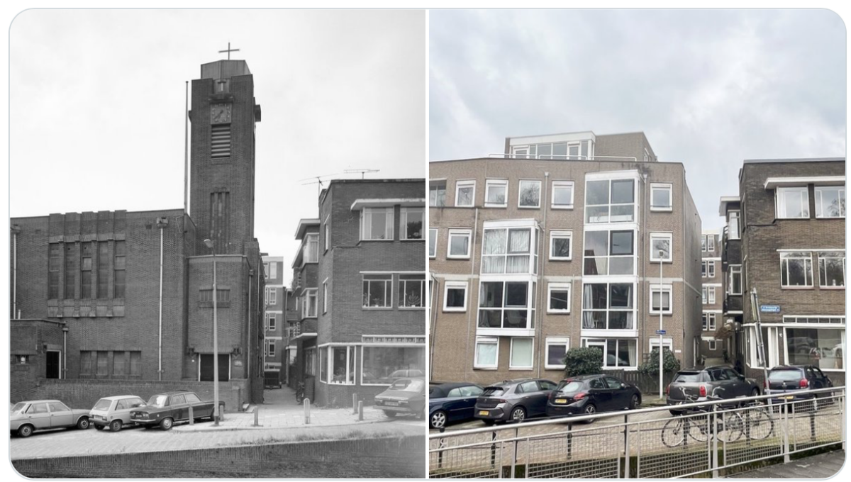De Krommerijn, met en zonder de Zuiderkerk (architect: Albert Kool, 1925), gefotografeerd in 1987 en door mij in 2023.