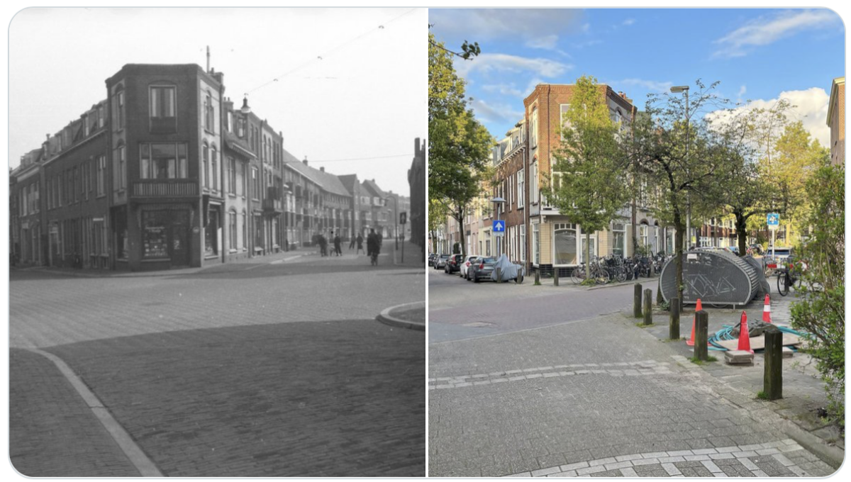 Nieuwe Koekoekstraat, gefotografeerd in 1955 en door mij in 2023.