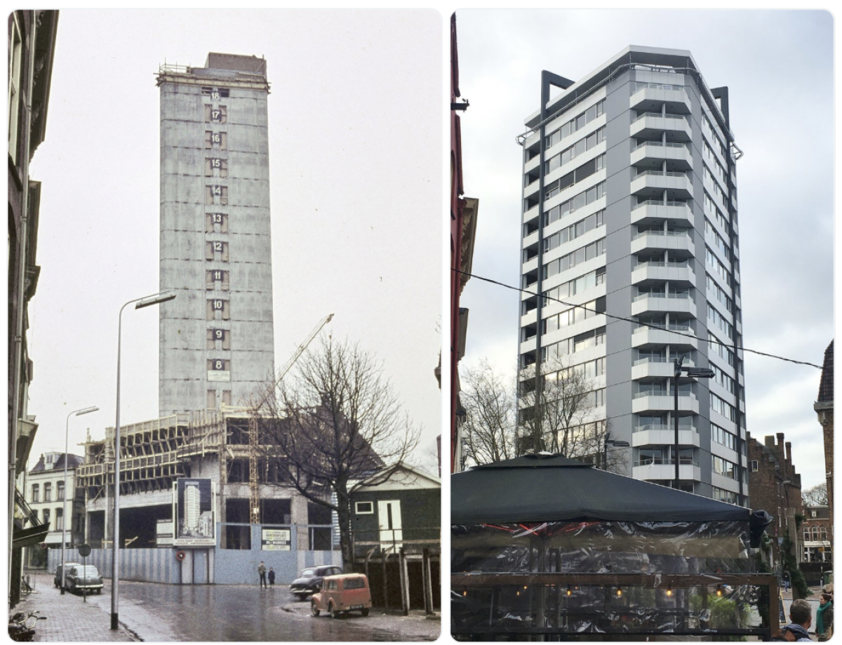 De Neudeflat, gefotografeerd tijdens de bouw in 1960 en door Edwin Lucas in 2023. 