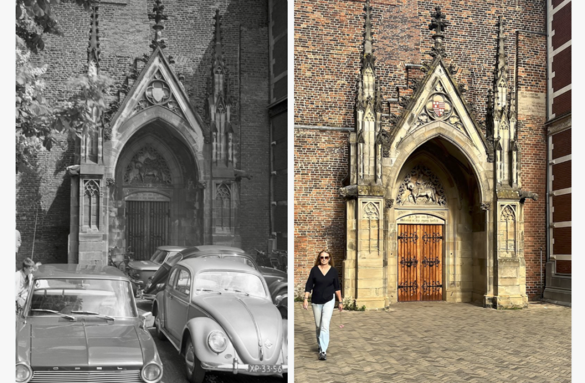 Het Domplein, gefotografeerd in 1966 en door mij, september 2026.