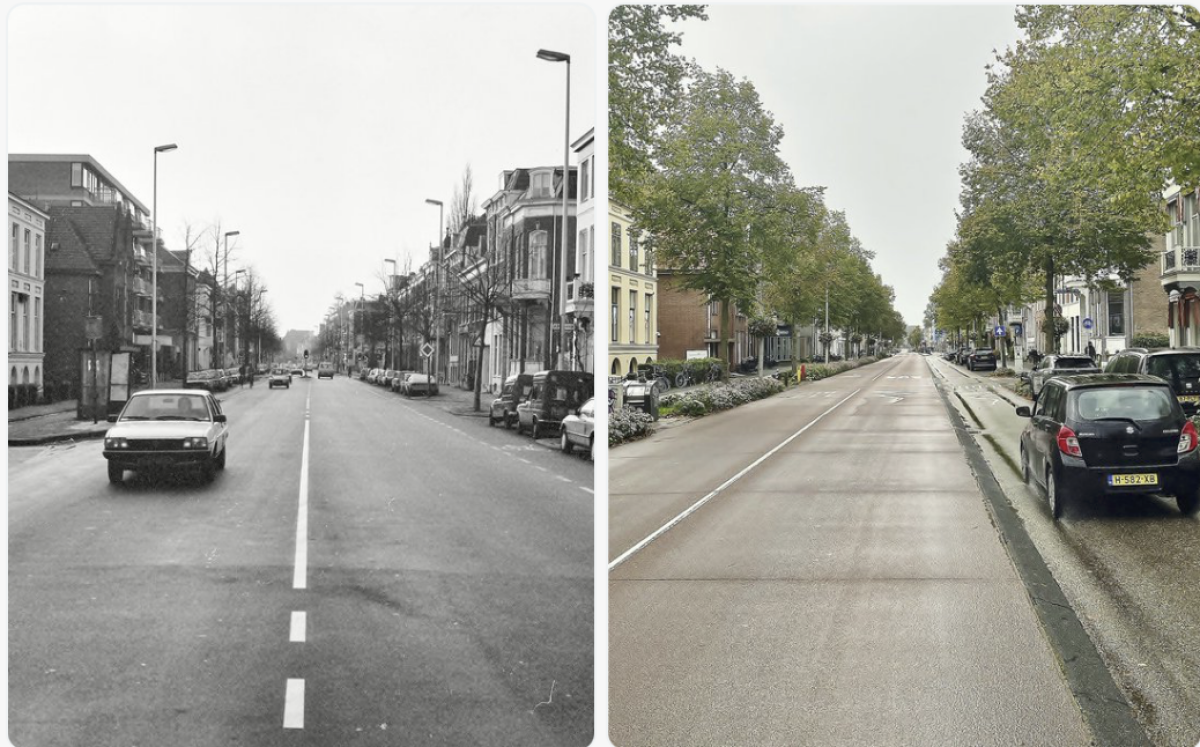 De Biltstraat, gefotografeerd door Jacques Reckers in 1984, en door mij in oktober 2026. 