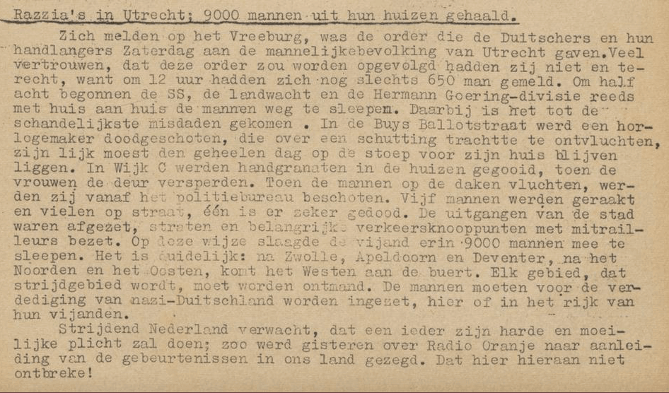 Deel uit het speciale bulletin van de illegale krant Het Parool op 9 oktober 1944