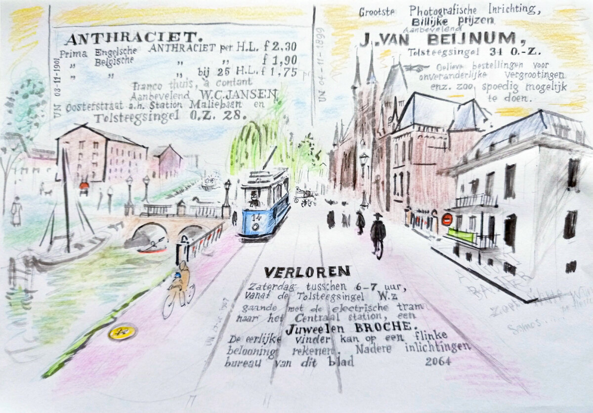 De tekening 'Tolsteegsingel' van Jos Peeters. Klik erop voor een vergroting