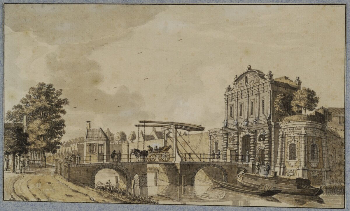 Gezicht vanaf de singel over de stadsbuitengracht op de Catharijnepoort, 1736 (J. de  Beijer, HUA)