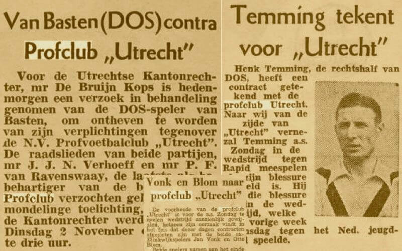 Krantenartikelen uit 1954 over oprichting Profclub Utrecht.