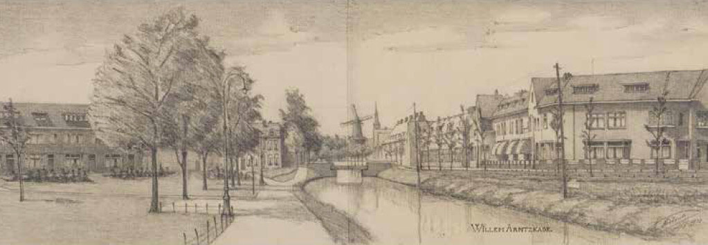 Gezicht op de Willem Arntzkade in 1930. Tekening: Karel Roelantz