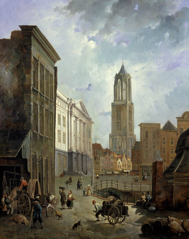De stadhuisbrug in Utrecht met een Domtoren in verval. Schilderij van Reinier Craeyvanger (1833). Collectie Centraal Museum