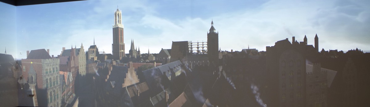 Utrecht in 1441, met rood-witte Domtoren volgens de 3D-animatie in het Centraal Museum. Foto: Ton van den Berg