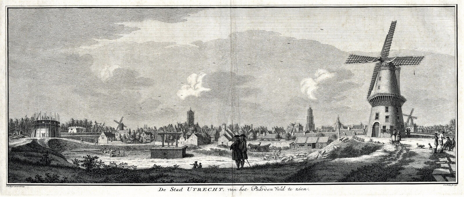 Kijkje op het Paardenveld rond 1744 door Jan de Beijer. Met prominent in het midden de ‘gerechtplaats’, rechts de zojuist afgebouwde molen 