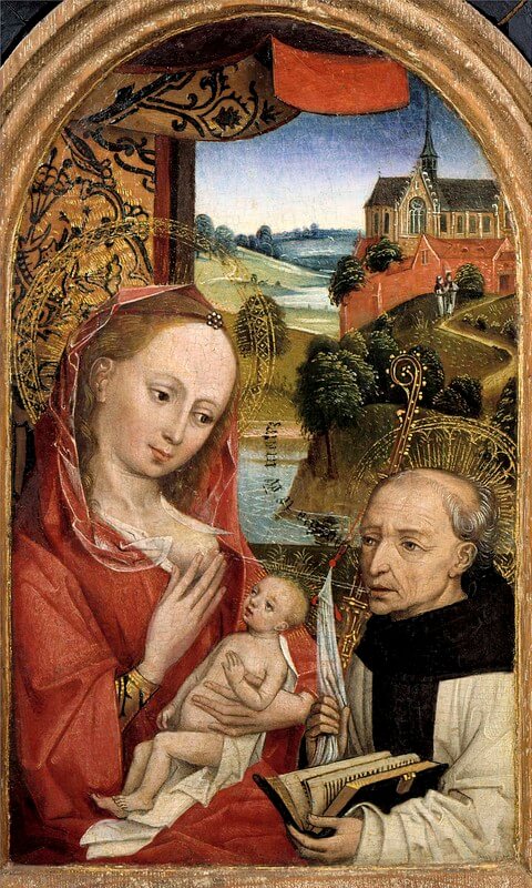 Maria geeft melk aan Bernadus van Clairvaux, Vlaanderen, 1480. Collectie Het Grand Curtius. 