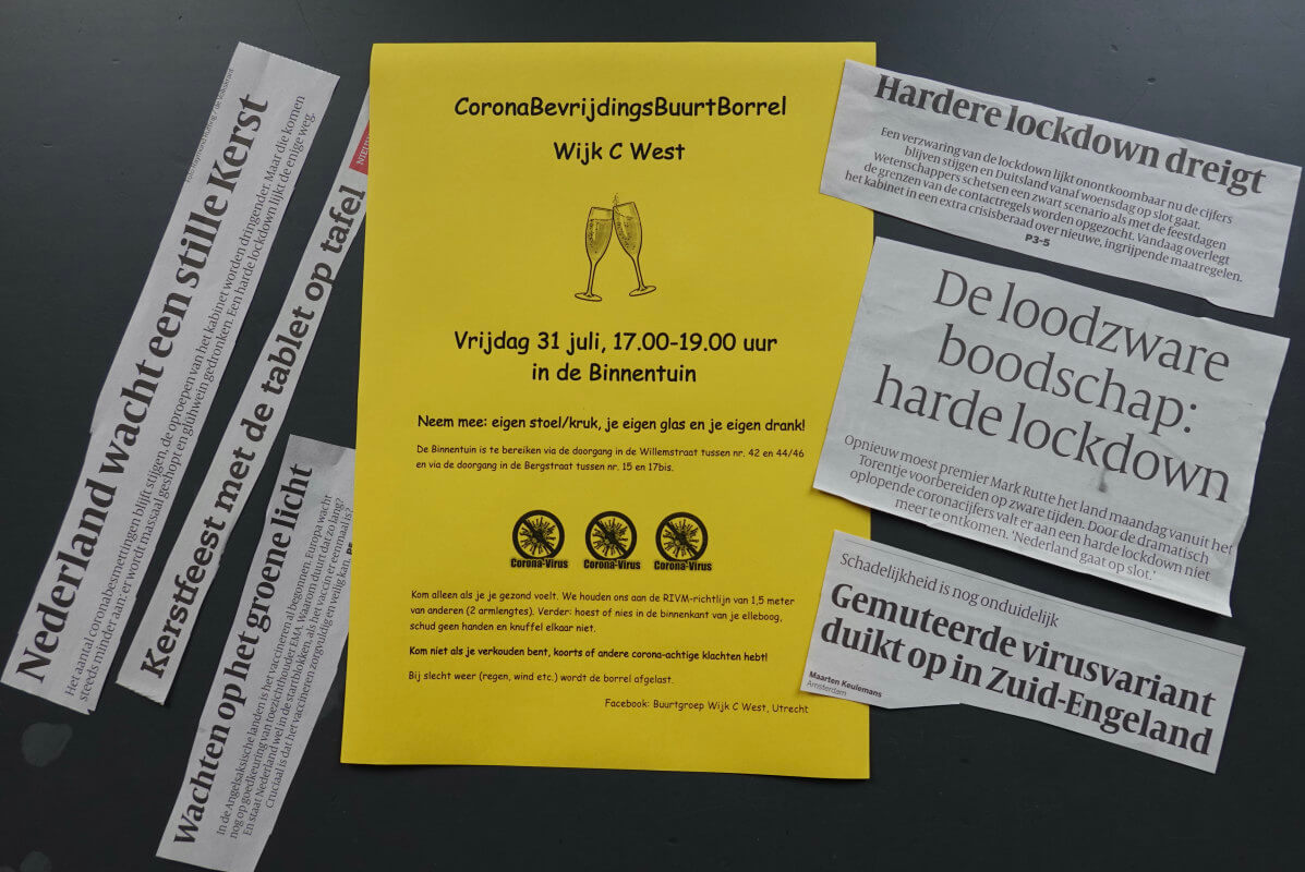 Buurtborrelposter en recente krantenkoppen uit Volkskrant en Stadsblad. Foto: Dik Binnendijk