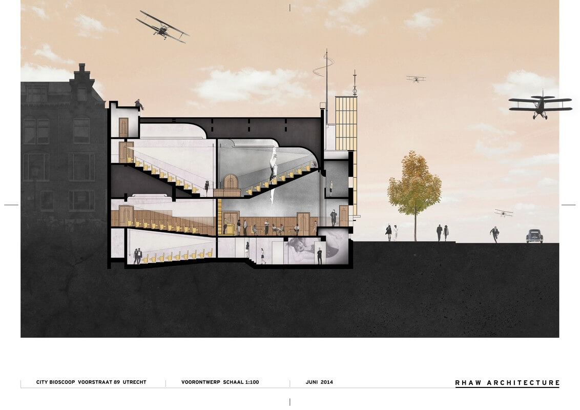 Een doorsnede van de nieuwe City-bioscoop. Illustratie: ontwerp Rolf Reichardt / RHAW architecture'.