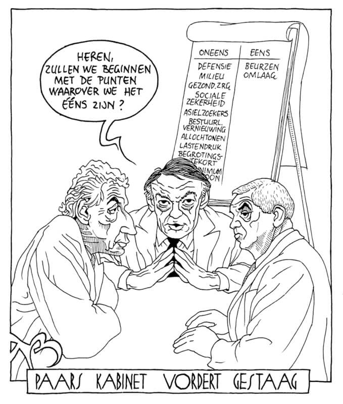 Partijleiders Kok (PvdA), Van Mierlo (D66) en Bolkestein (VVD), tekening uit 1994