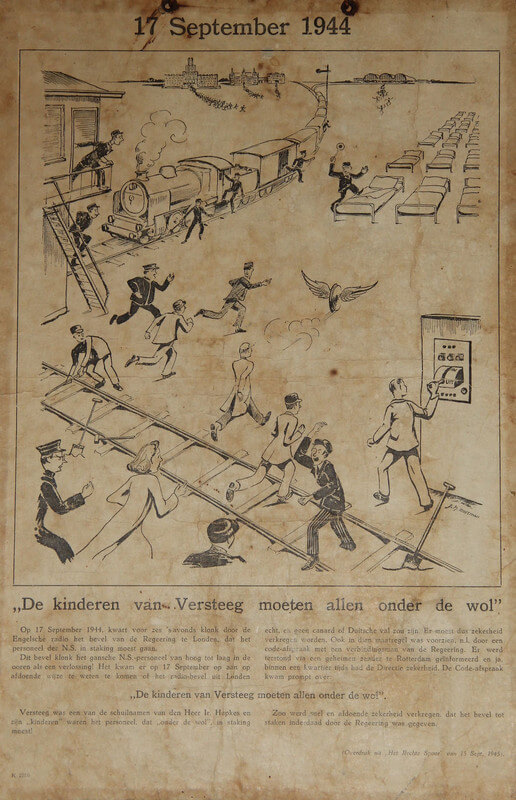 In de nalatenschap van Ria van Eijk bevindt zich ook deze poster (gemaakt door de schilder Moesman) die herinnert aan de Spoorwegstaking. Tekening: J. Moesman