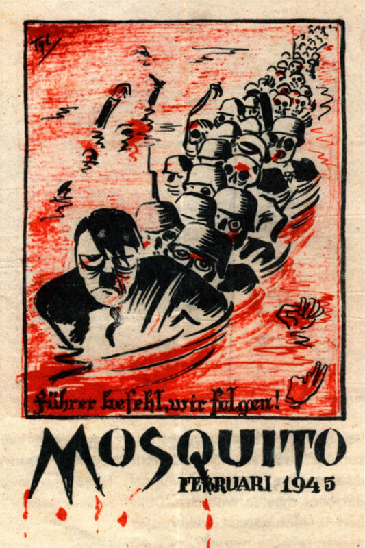 Spotprent op de ondergang van Nazi-Duitsland in de Mosquito. Tekening: A. Frederiks