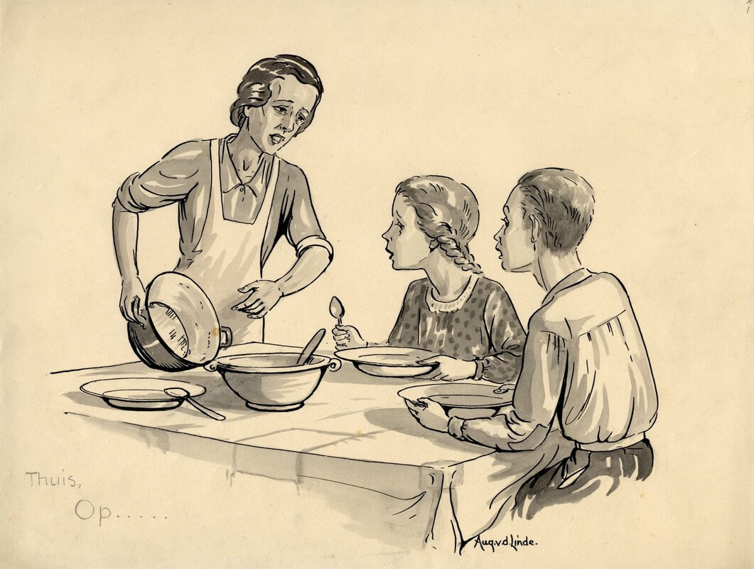 In veel gezinnen is al helemaal geen eten meer en is iedereen aangewezen op de gaarkeukens. Tekening August van der Linde