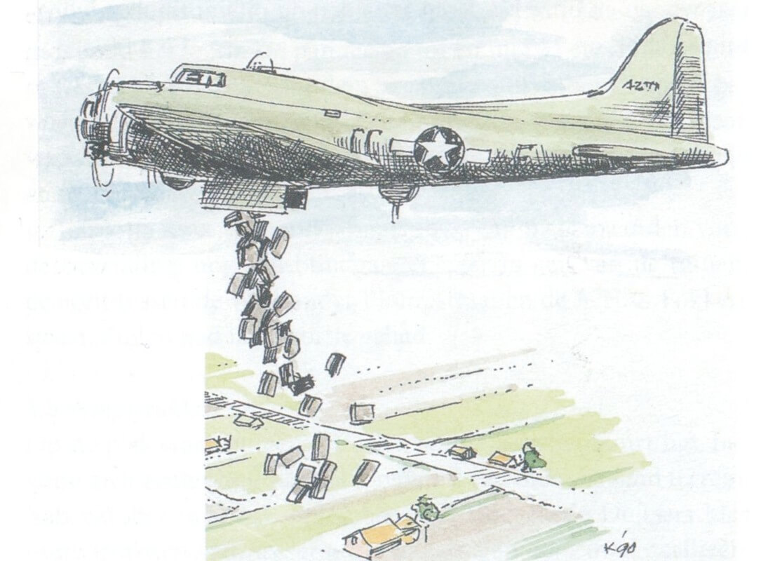 Een impressie van de te verwachten voedseldroppings boven Utrecht: Tekening Henk Kronemburg (Een Jeugd op Zuilen)