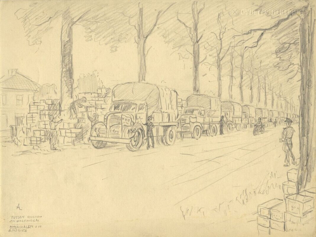 'Ongeveer 300 vrachtauto’s zullen duizenden kg meel, zout, gist, vlees naar Utrecht brengen.' Tekening: August van der Linde