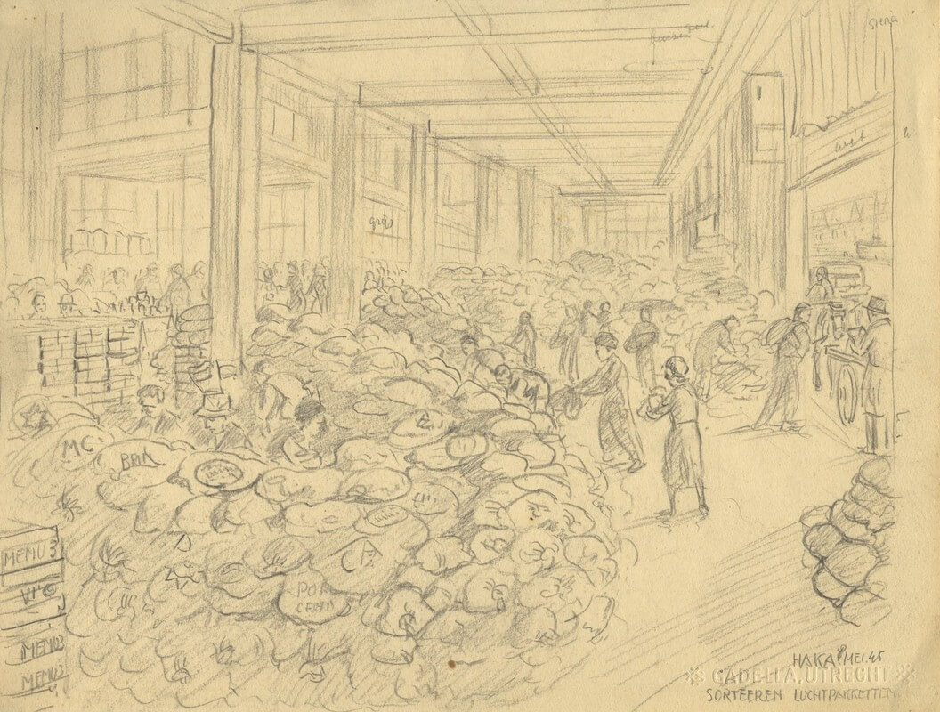 Personeel van de HaKa aan het werk bij het sorteren van het voedsel. Tekening: August van der Linde