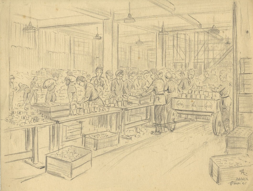 Bij de HaKa aan de Kanaalweg wordt hard gewerkt aan de verdeling van de voedselpakketten. Tekening: August van der Linde (Collectie HUA)