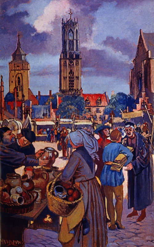 Impressie van Jaarmarkt in het Utrecht van 1300. door Huub Luns