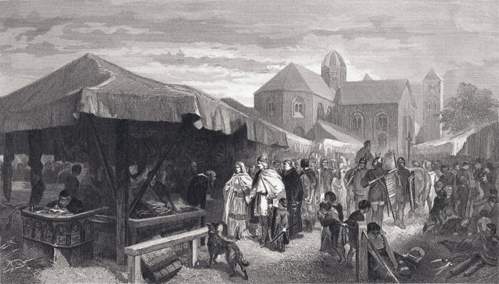 Utrechtse jaarmarkt in 1100 - etser Chr. van Kesteren, uit boek 1880