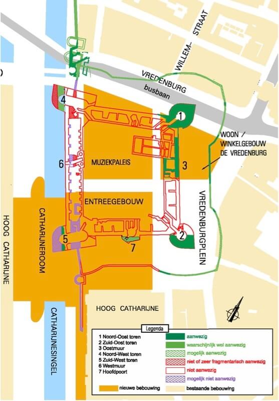 Plattegrond die laat zien waar kasteel Vredenburg stond. Illustratie: Erfgoed gemeente Utrecht