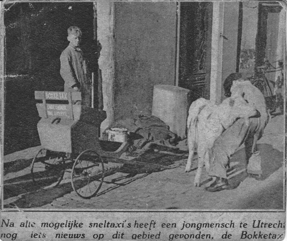 Frans haalde als kind de krant in de jaren dertig met een zelfgemaakte bokkentaxi. Foto: familie Van Rijnsoever