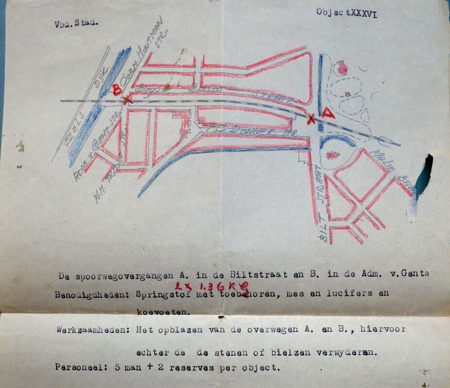 Sabotageplan voor het opblazen van de spoorovergangen bij onder meer De Biltstraat. Foto: familiearchief