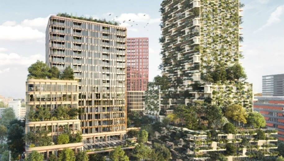 Impressie van de torens voor Healthy Urban Living in het Beurskwartier (illustratie Wonderwoods)