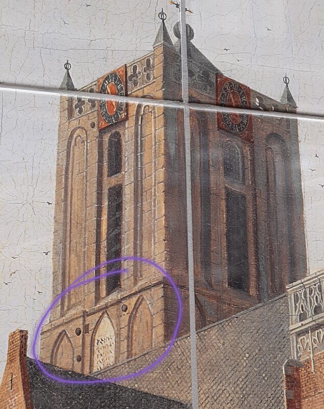 Detail van het schilderij met daarop de kanonskogels op de Jacobikerk. Foto: Mereke