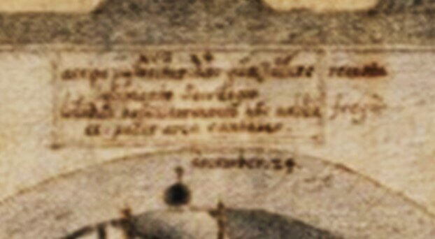 Het opschrift op een bord boven de kogel in de Pieterskerk. Er is te zien dat Saenredam de tekst ten dele buiten het bord heeft geschreven. 