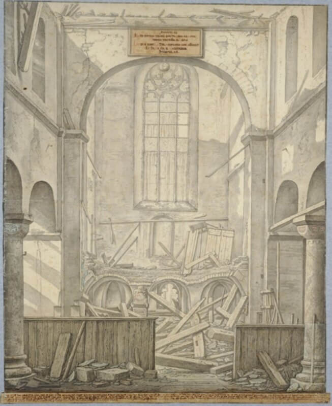 Het ingestorte schip van de Pieterskerk na de grote donderstorm in 1674. De kogel hangt voor het venster. Tekening van  Saftleven, Het Utrechts Archief 