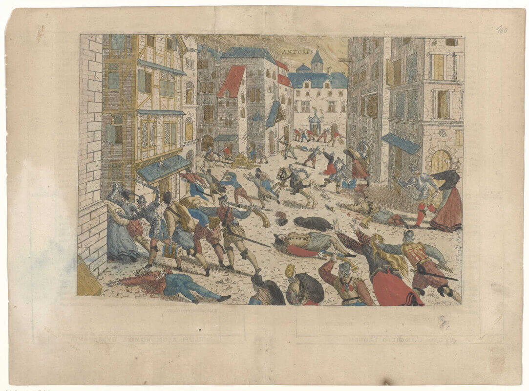 ets vDe Spaanse furie in Antwerpen. Spaanse soldaten vermoorden burgers en plunderen de stad. Tekening: Frans Hogenberg (1588) / Rijksmuseum