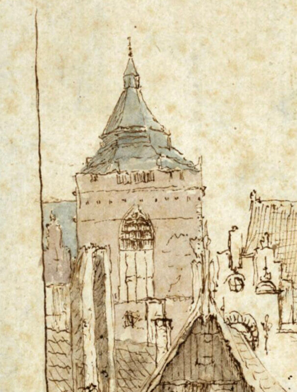 De Buurkerk ca 1660. Rechts de beschadiging aan de noordwesthoek. Illustratie HUA (detail)