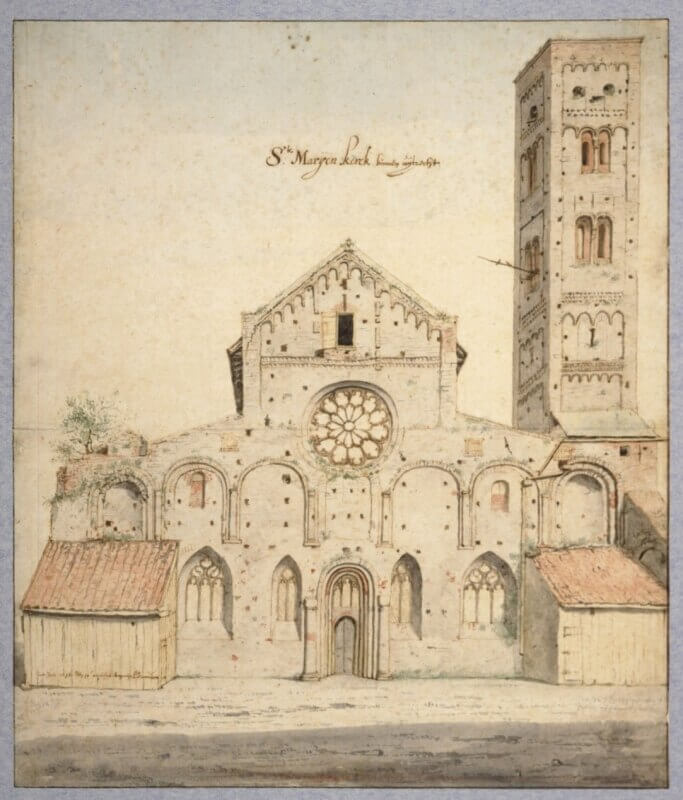 De Mariakerk 60 jaar na de beschieting. De linkertoren is zo goed als geheel verdwenen. Van de rechtertoren is de hoge spits er af geschoten. Tekening van Saenredam, 1636. HUA